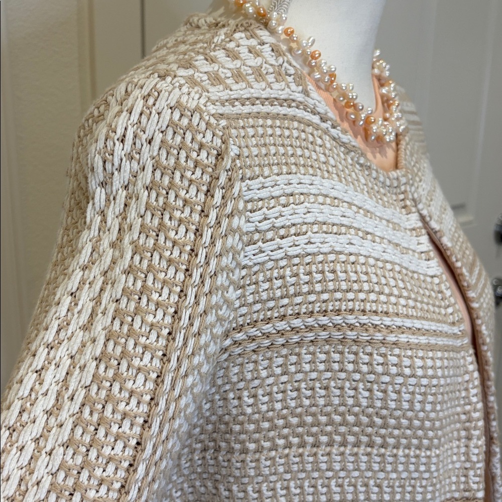 Chico’s Textured Cotton Knit Fringe Cardigan Sweater Beige & White 1/US8 - Picture 6 of 11